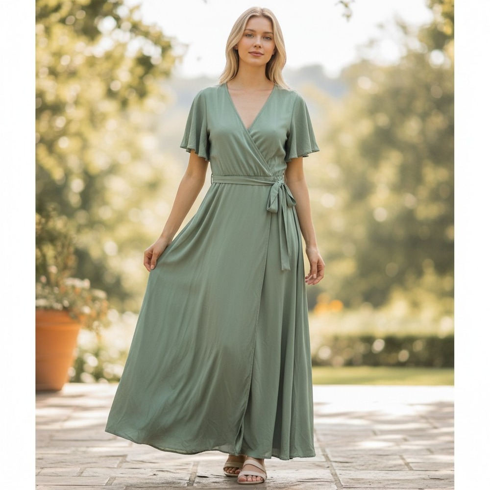 Arbor Wrap Dress Women's Large Sage Green Flutter Sleeve V-Neck Maxi